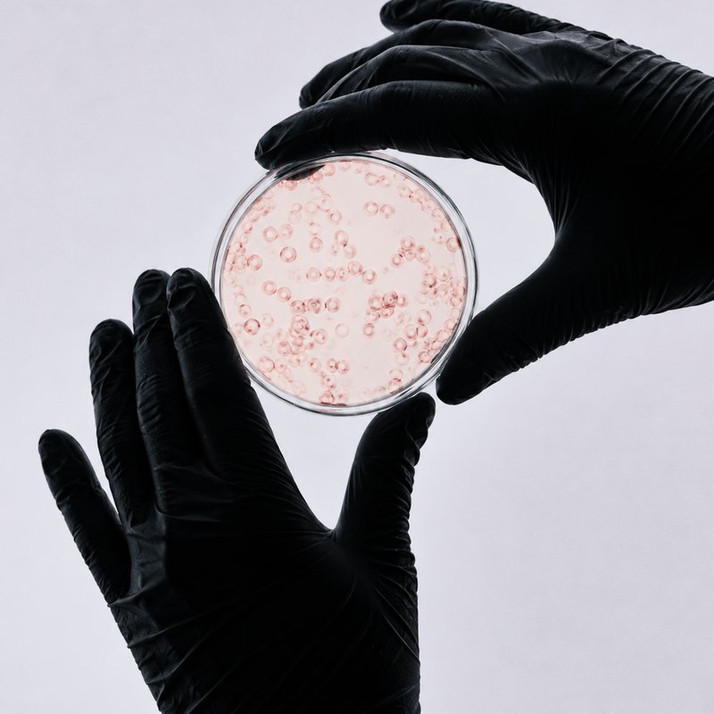 Gloved hands holding a laboratory sample dish